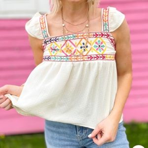 Blu Pepper flutter sleeve top with embroidery